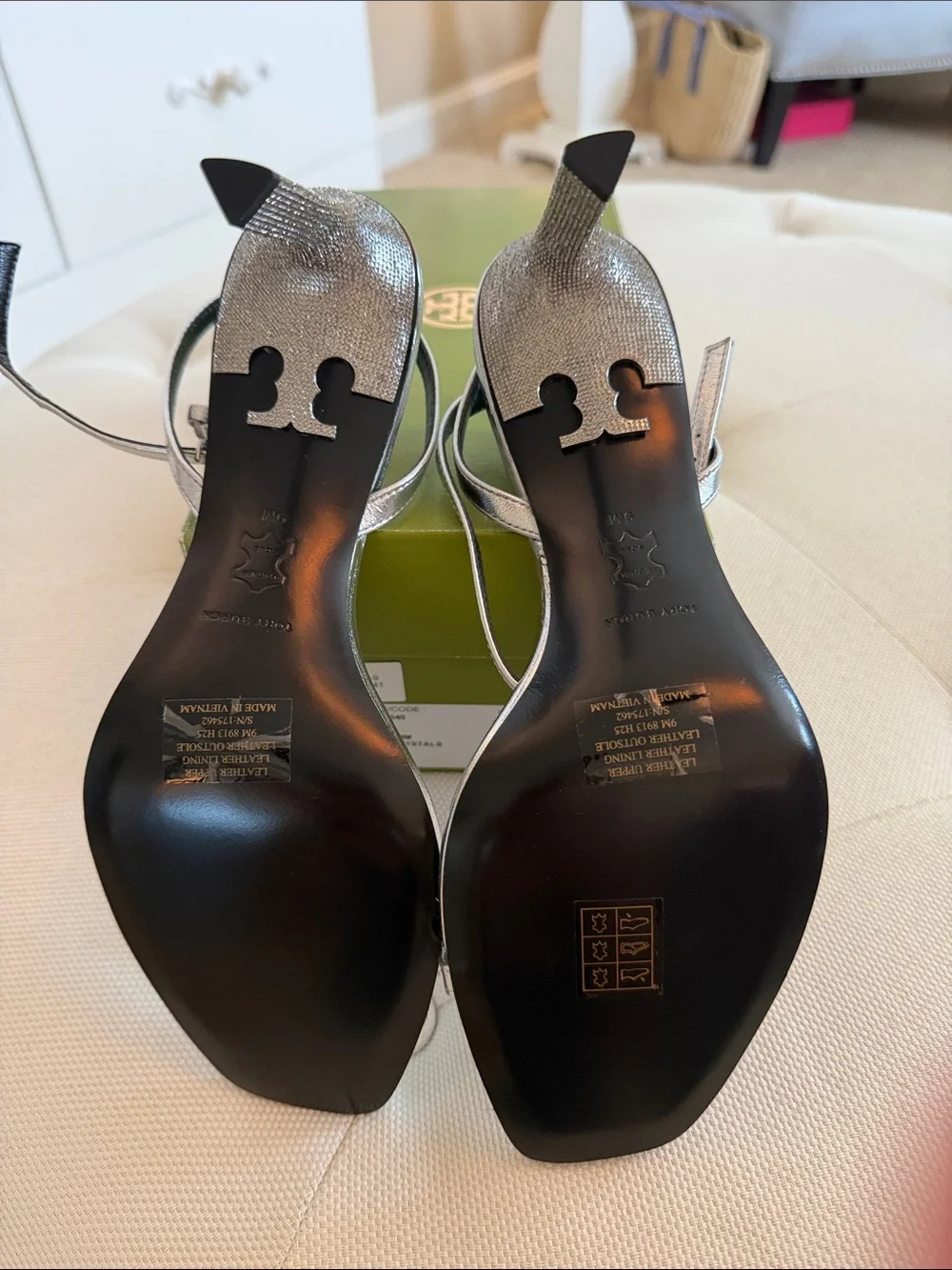 Tory Burch Metallic Silver Ankle-Strap Heels.  New in box no defects size 9.